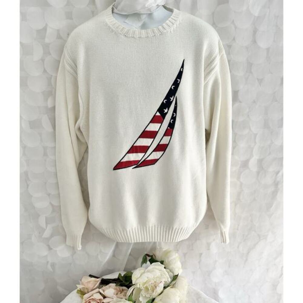 VTG Y2K Nautica Mens Large White Knit Sweater Sailing Nautical Preppy Golf